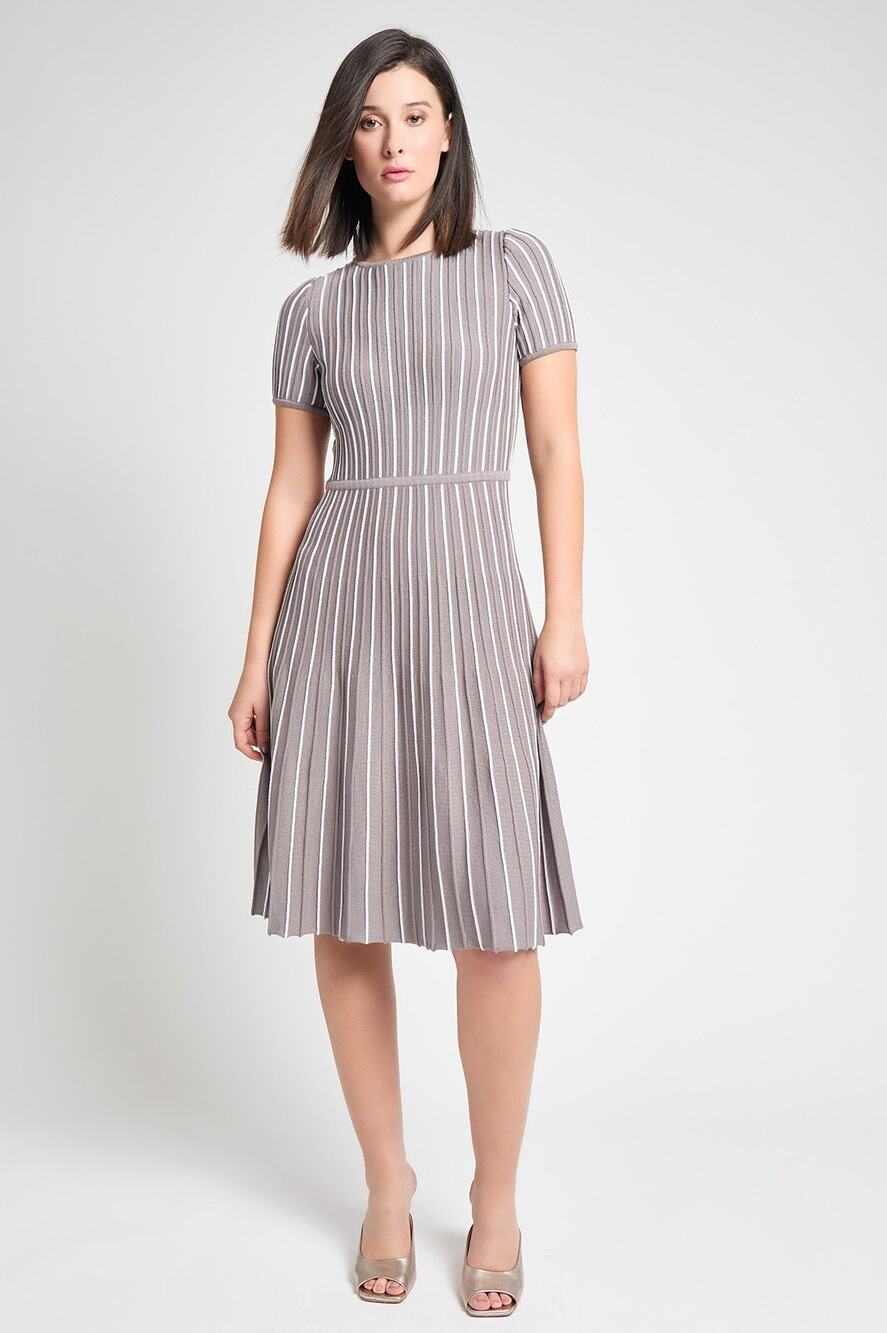 Ming Wang Modern Fit Jewel Neck Striped Flare Soft Knit Dress gray XS $265